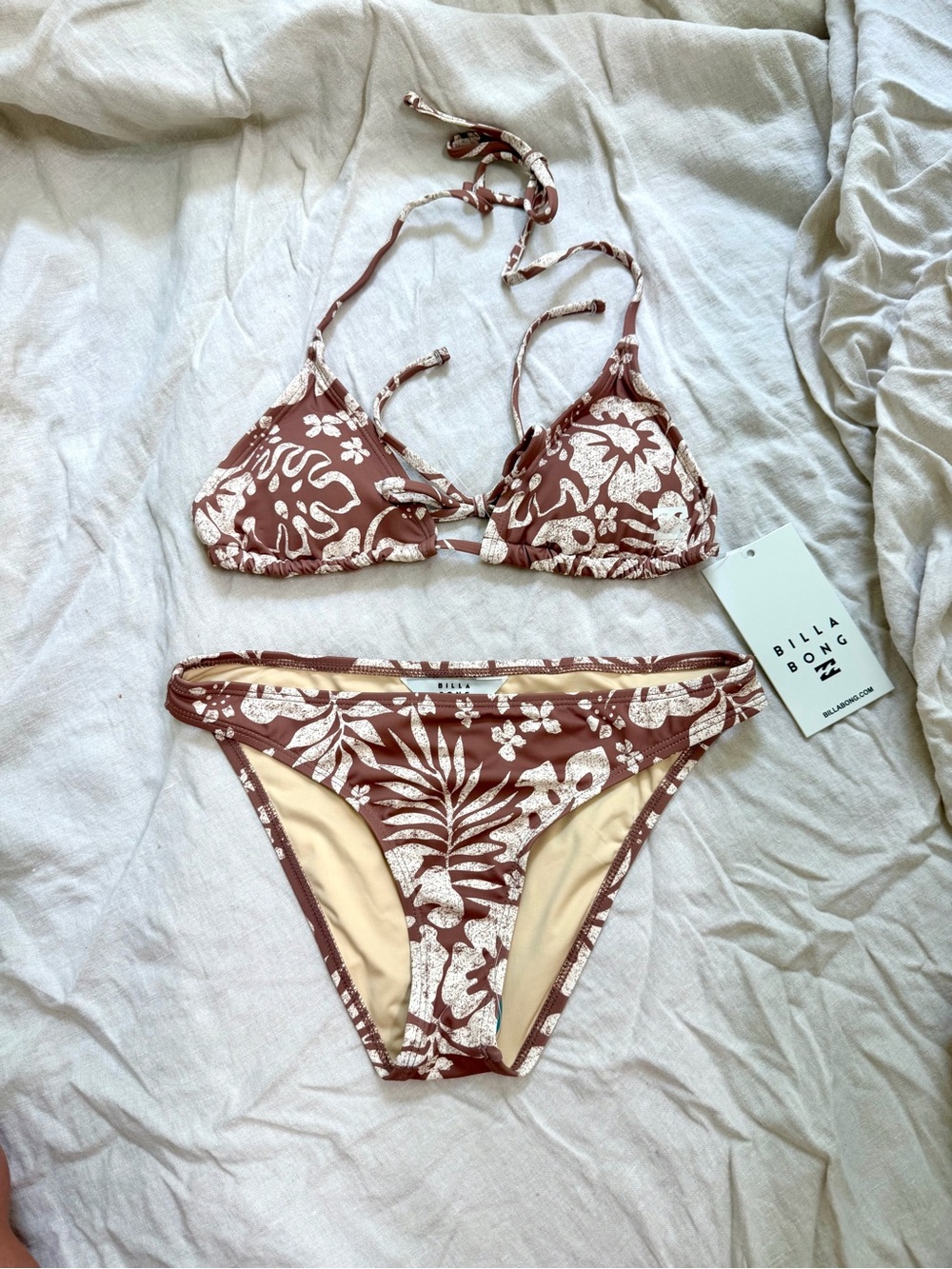 Billabong Brown and White Floral Triangle Bikini
